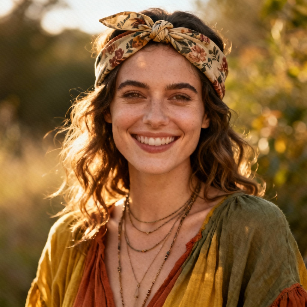 AI portrait of woman wearing boho floral knot headband