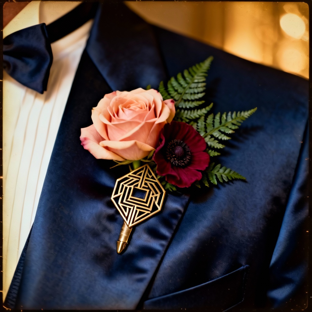 AI art deco boutonniere with rose and geometric pin