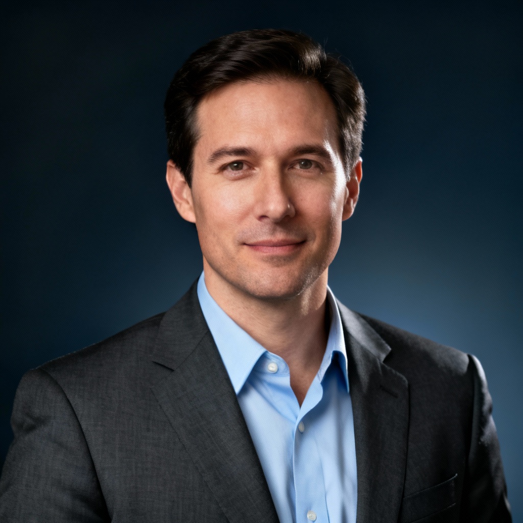 AI Finance Executive Headshot On Navy Gradient