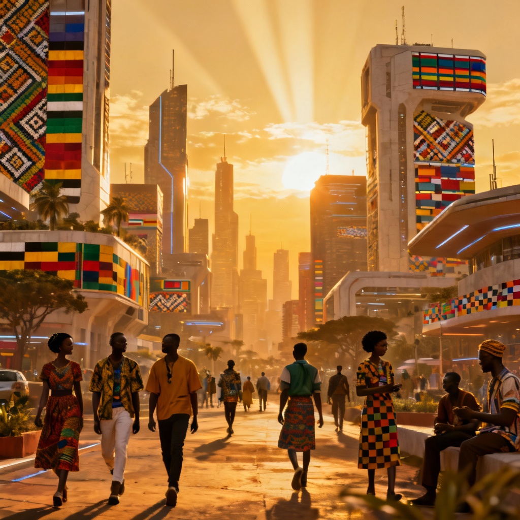 AI Afrofuturism African city at sunrise