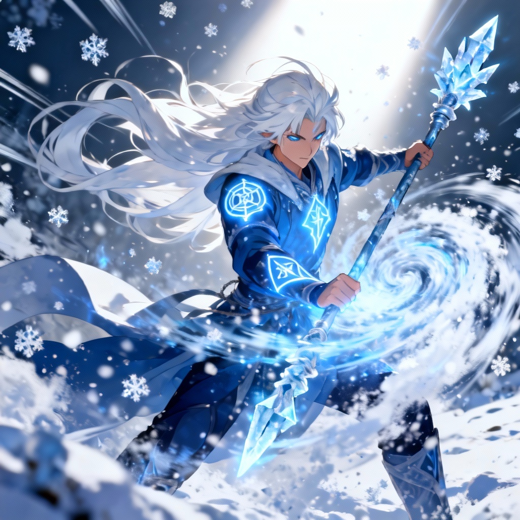 AI frost sorceress summoning ice in a blizzard