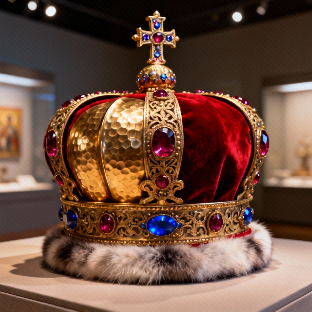 AI tsar crown with velvet cap, ermine trim, and jeweled cross