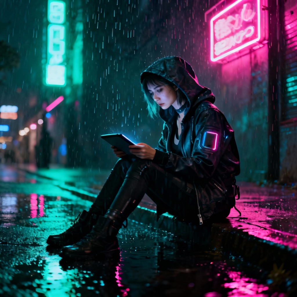 Modern woman reading on a tablet in neon city