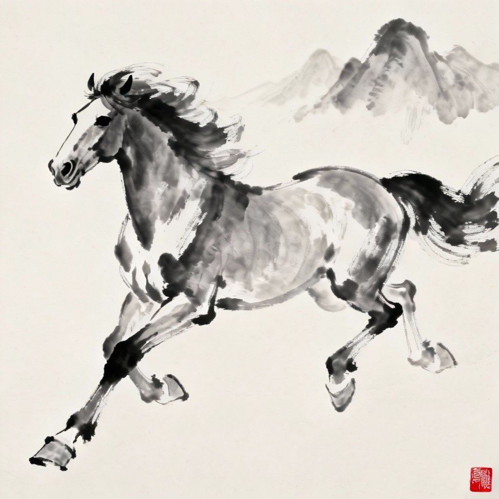 AI ink wash calligraphy horse painting