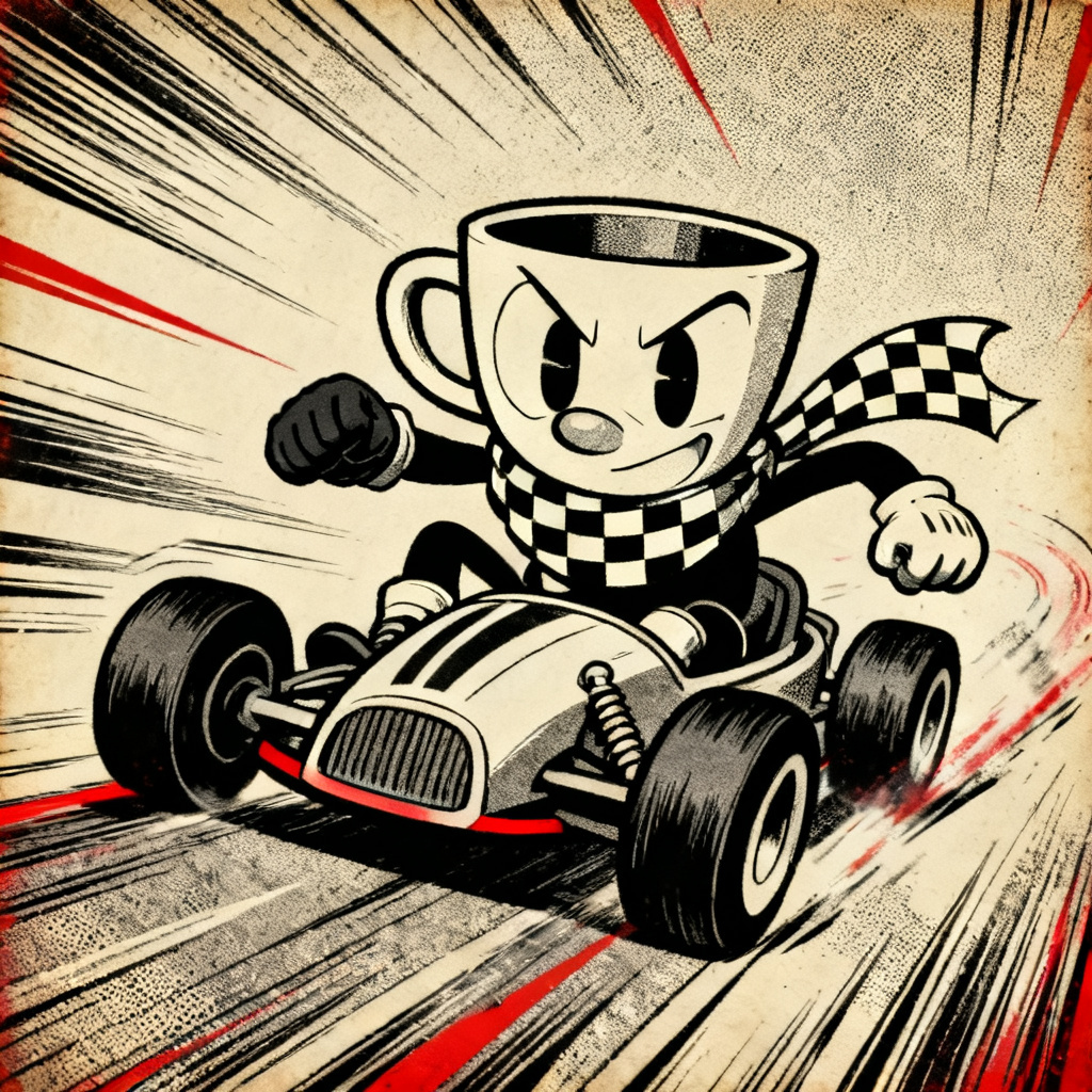 AI Cuphead OC speedrunner cup racer with checkered scarf