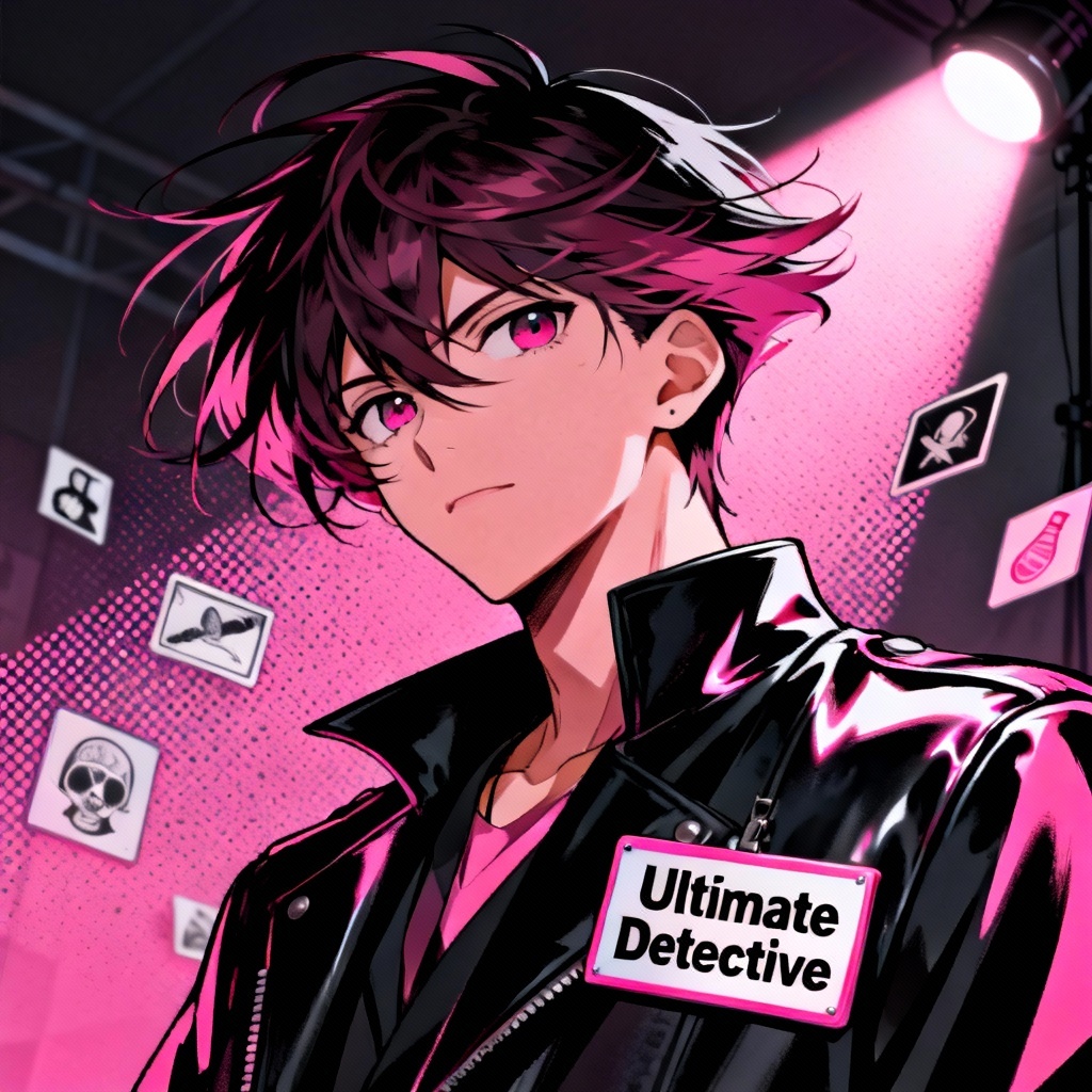 AI Danganronpa detective character with evidence UI overlays