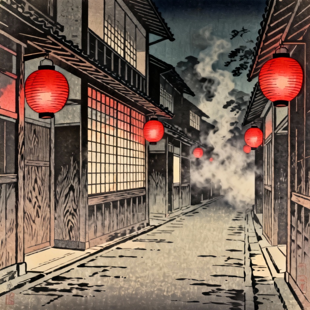 AI-generated ukiyo-e night street scene with lanterns and washi texture