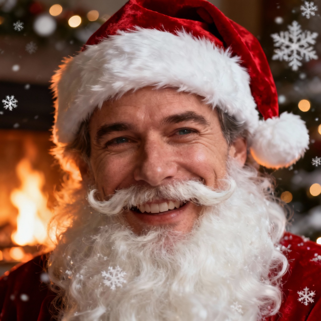 AI Santa portrait with red hat, white beard, and snowy lights