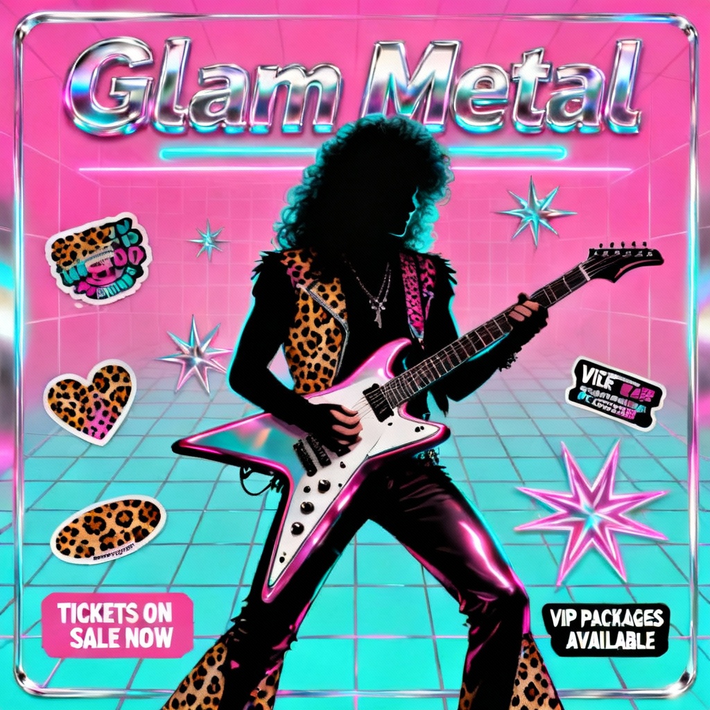 AI glam metal 80s poster with neon chrome and retro guitar