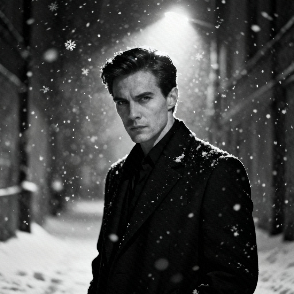 AI black and white winter noir portrait