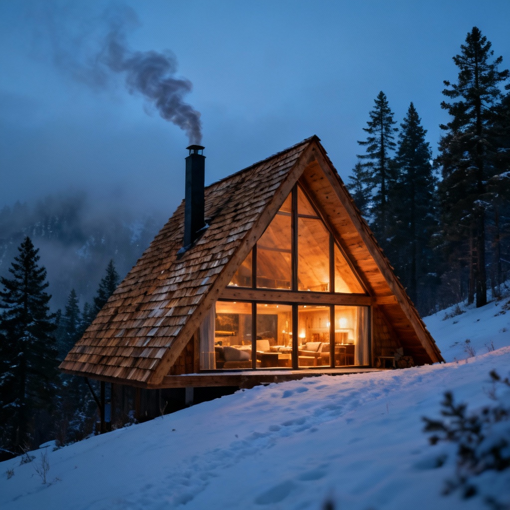 A-frame wooden cabin in snowy mountains at dusk