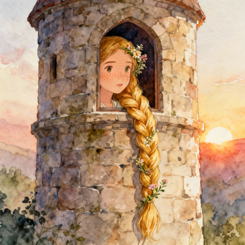AI Rapunzel portrait with golden braid from tower window
