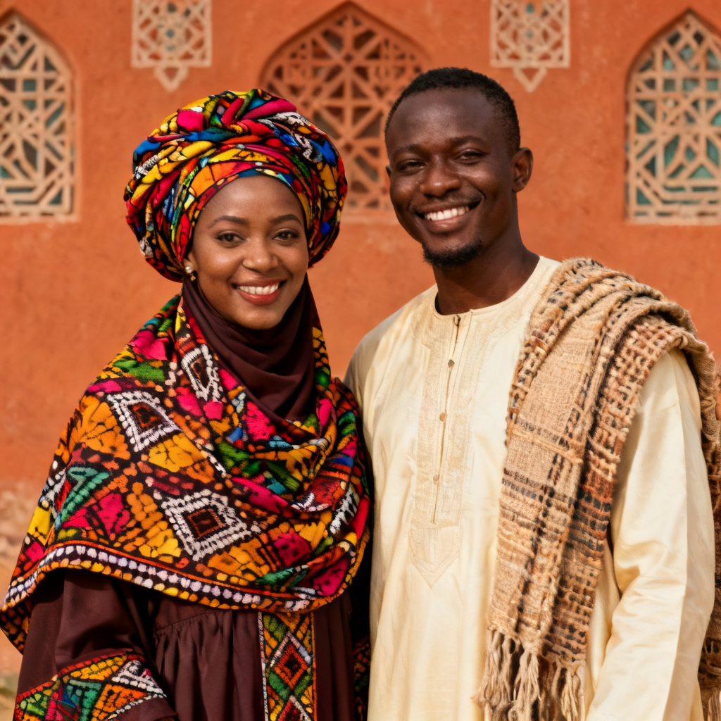 AI cultural Muslim couple portrait with heritage patterns
