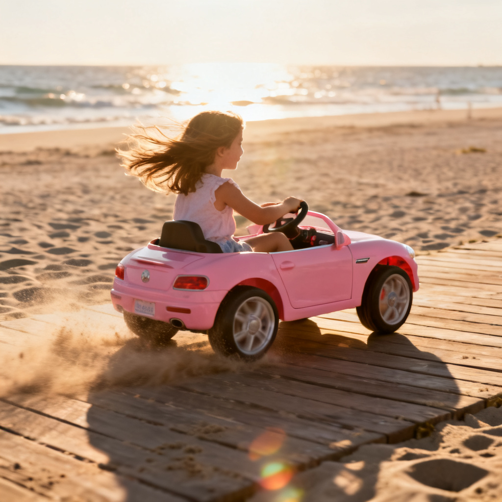 AI girl driving a pink toy car on a sunny beach boardwalk