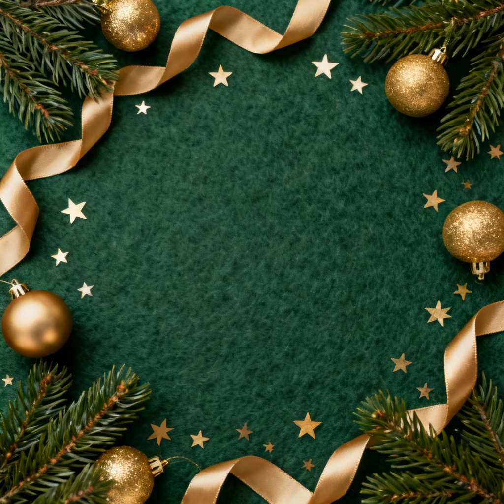 Green pine and gold ornament flat lay Christmas background
