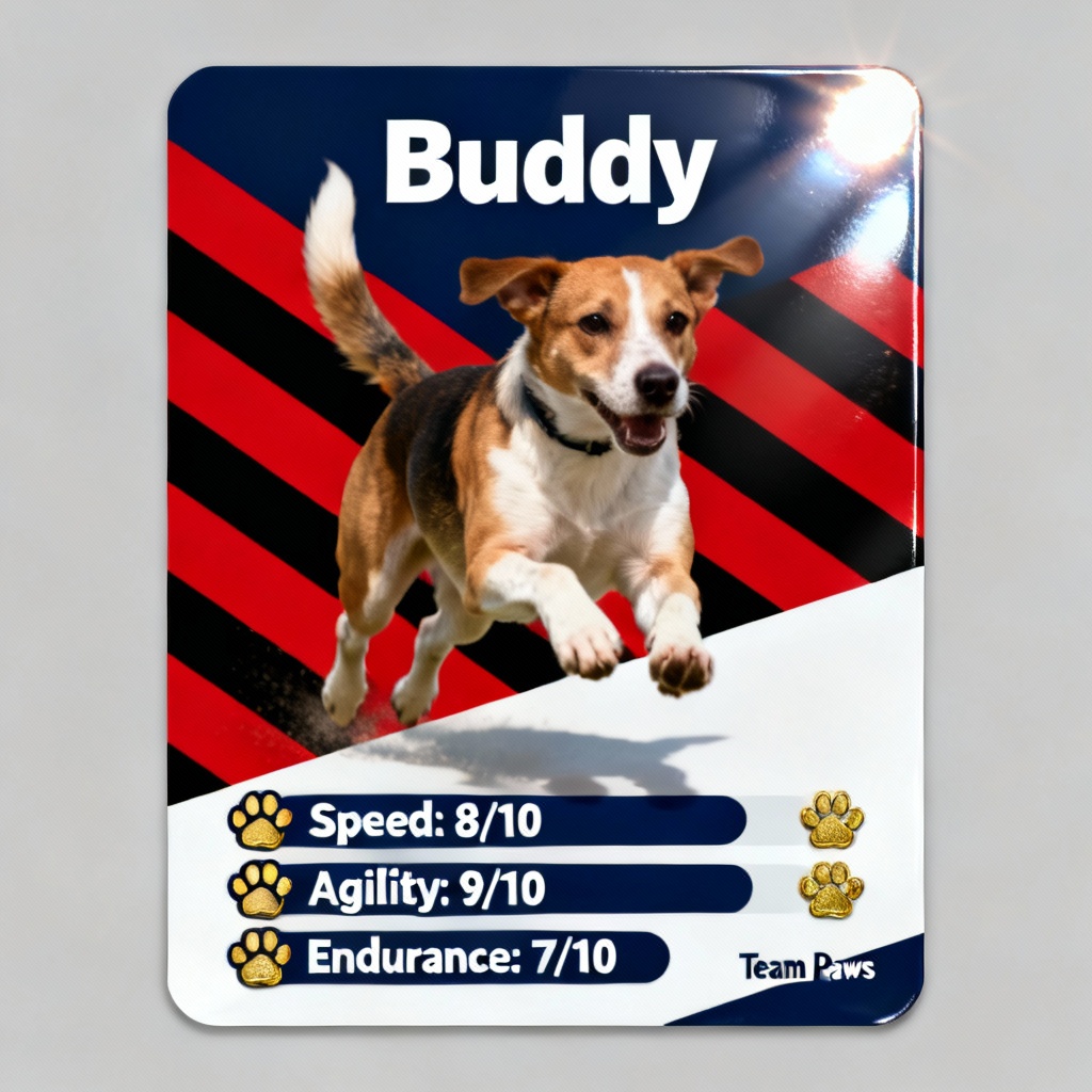AI sporty dog profile card with stats and paw icons