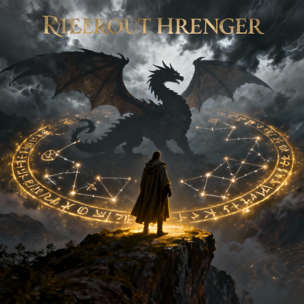 Epic AI legendary narrative cover with lone hero, dragon silhouette, and glowing runes