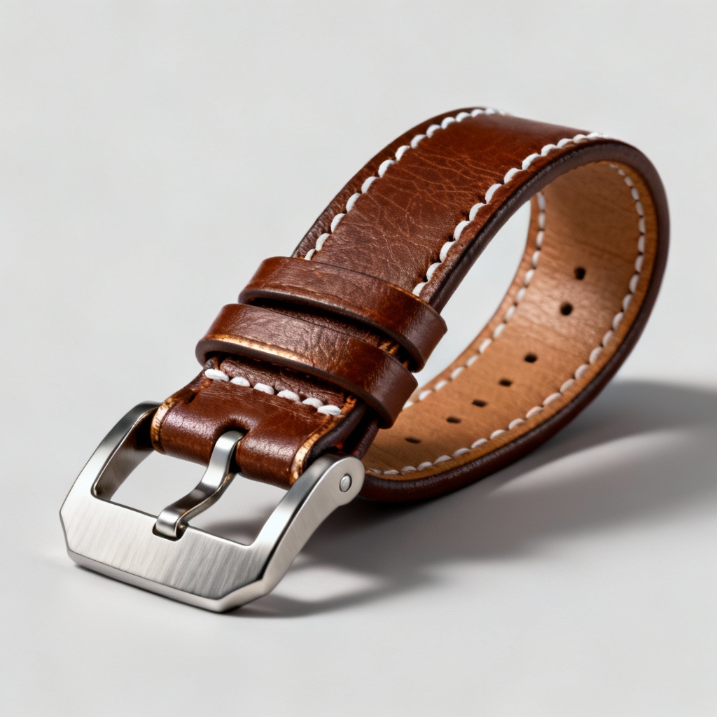 Photoreal brown leather watch strap with contrast stitching