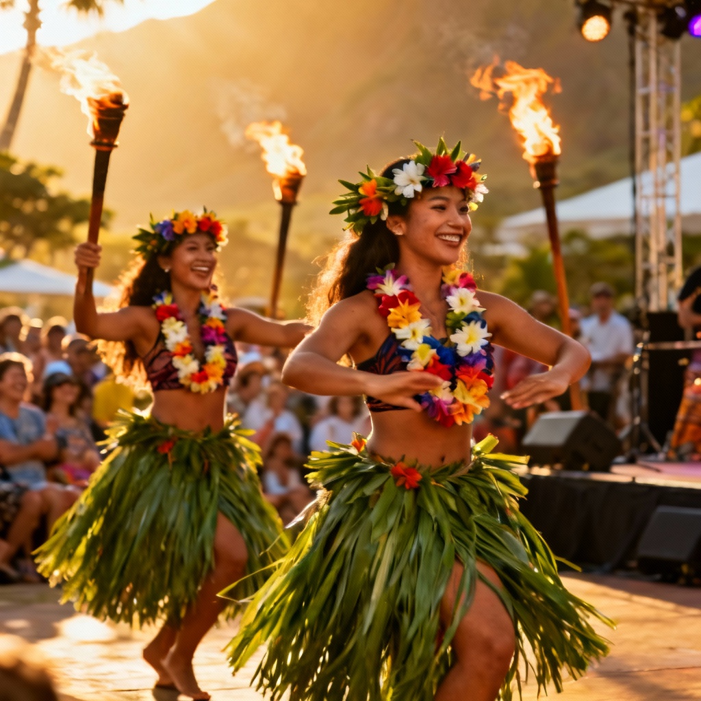 AI Oahu hula dance festival with leis and torches