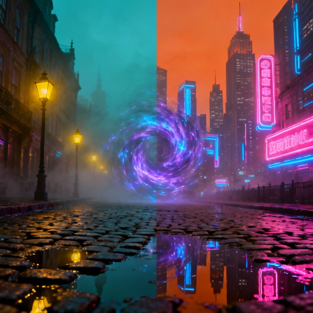 AI time travel split scene of Victorian street and neon future