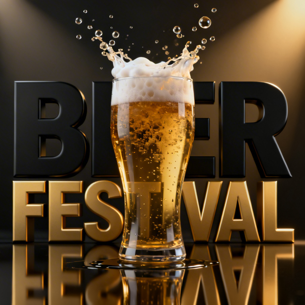 3D poster of beer with dynamic foam splash and bold type