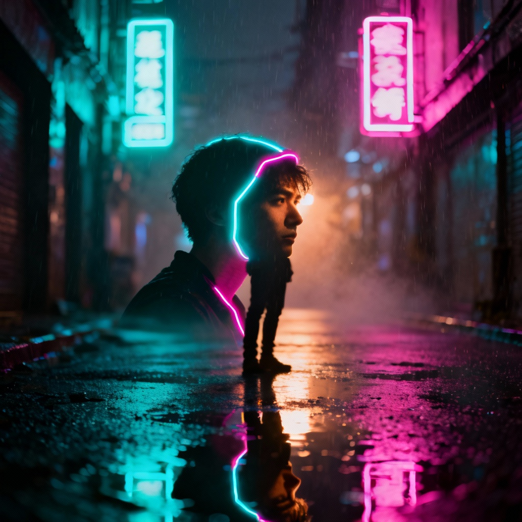 Portrait with neon rim lighting and cinematic cyberpunk look