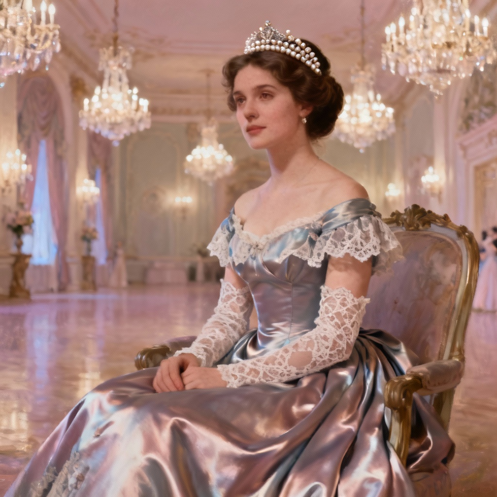 AI Victorian duchess with pearl tiara and satin gown