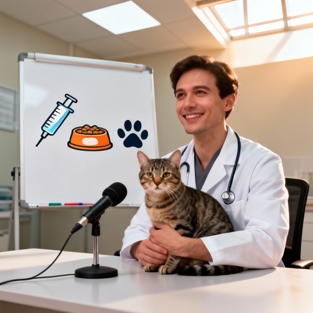 AI vet Q&A with tabby cat and whiteboard icons