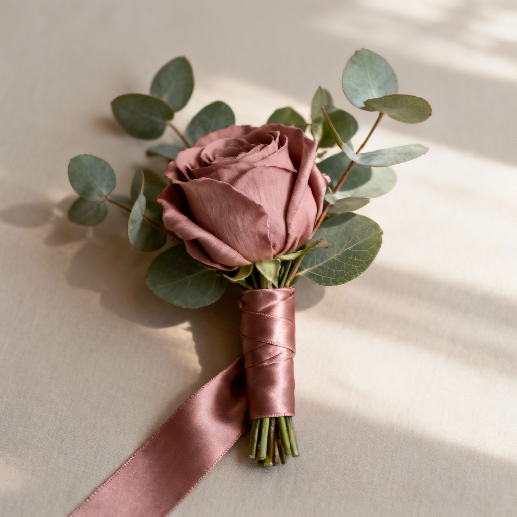 Silk rose corsage with eucalyptus and satin ribbon