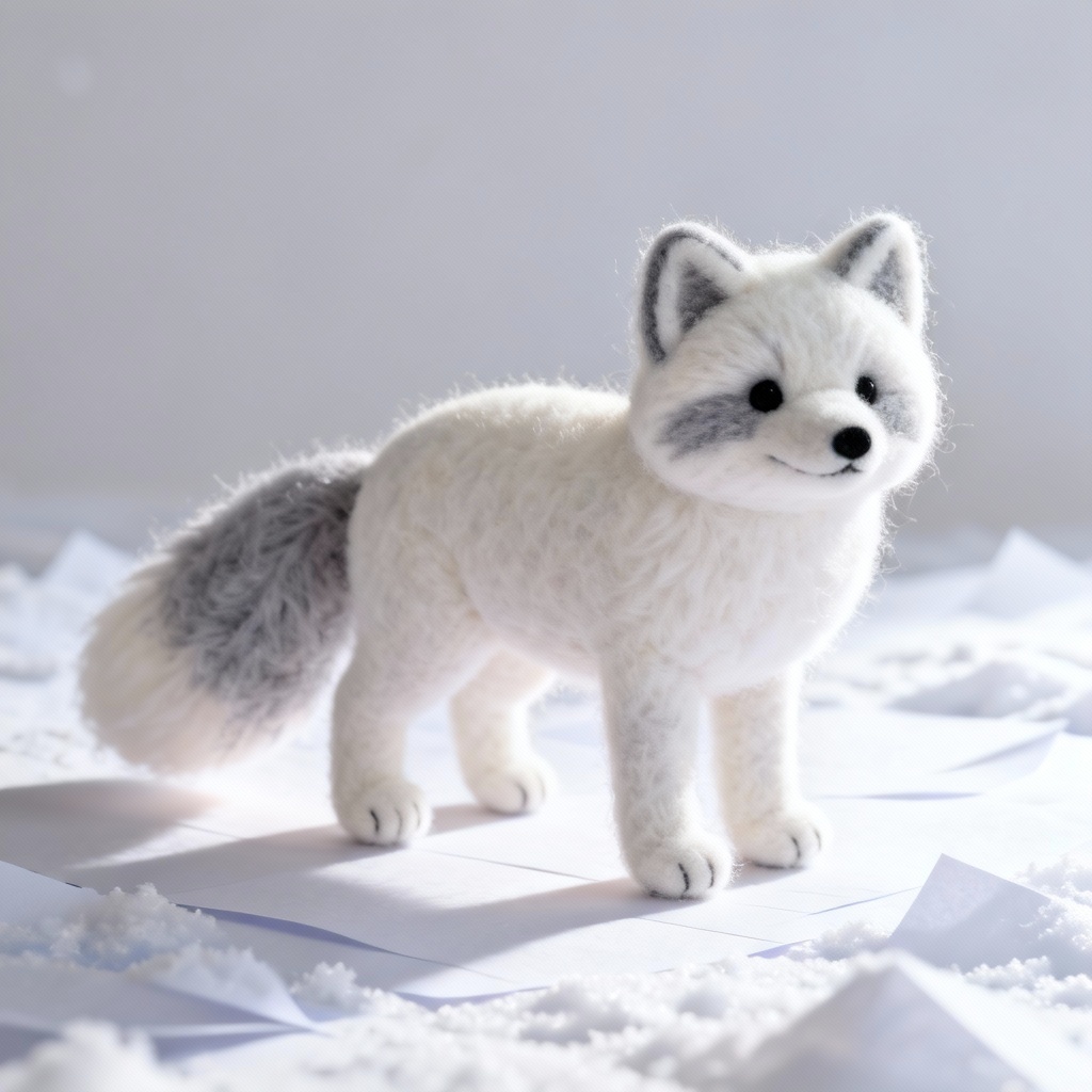 AI 3D needle felted arctic fox figurine mockup