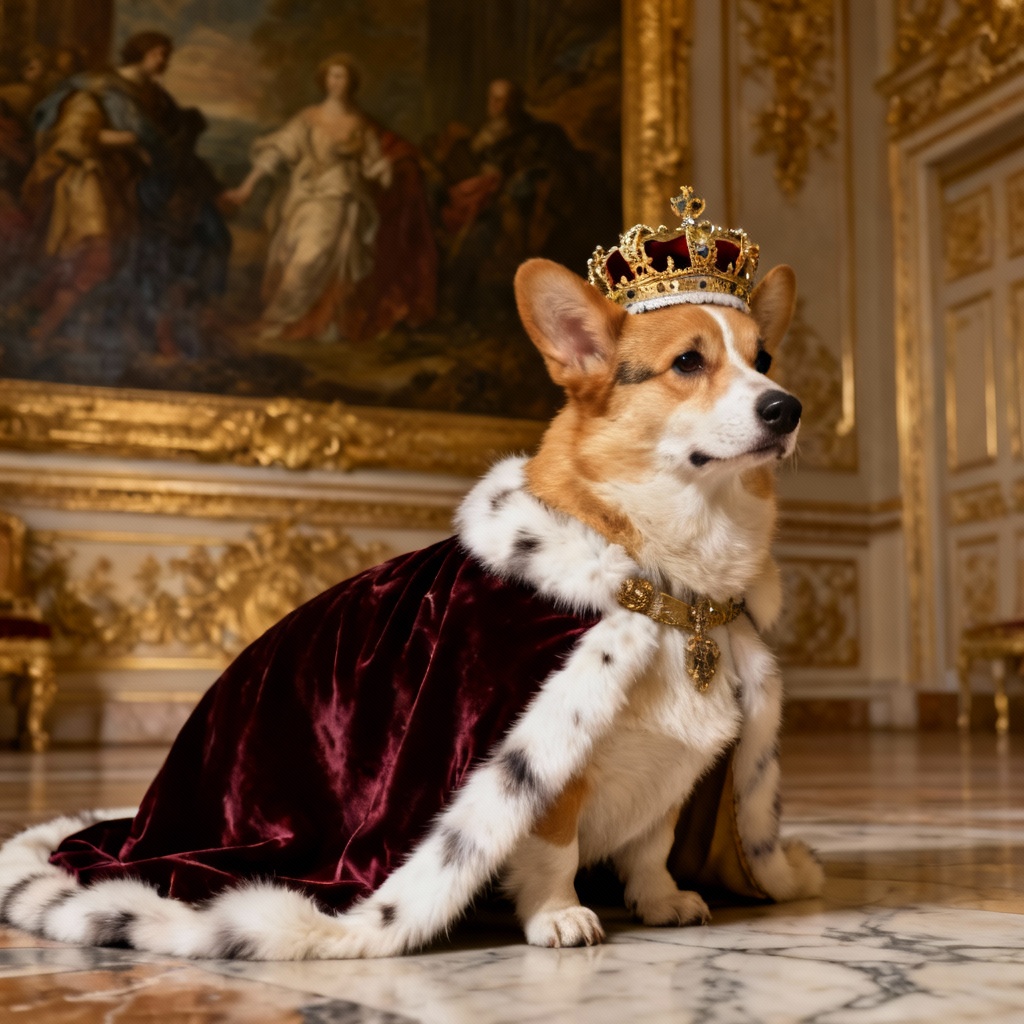 AI royal corgi cosplay in palace setting