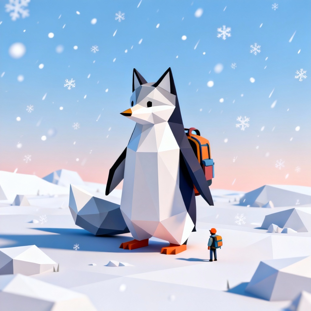 Low-poly arctic fox-penguin hybrid in snow