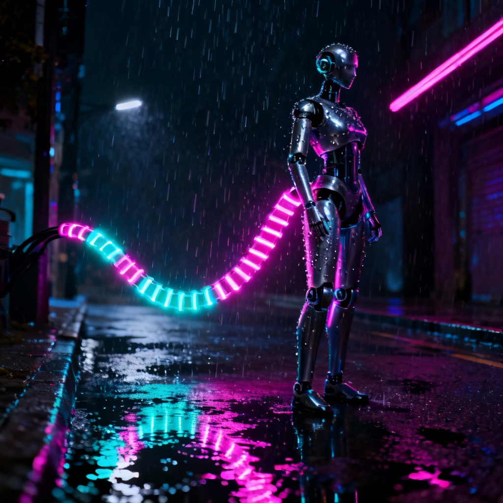 Cyberpunk android featuring a neon luminous tail in city rain