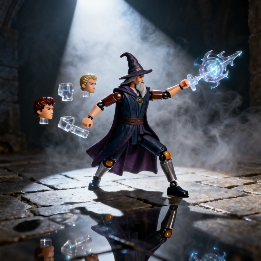 AI spell-caster duel stance figure with effects