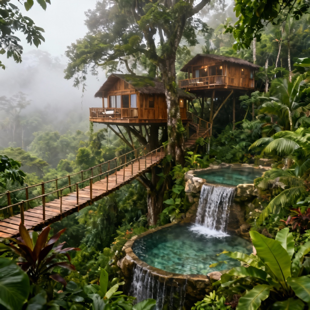 AI rainforest eco luxury resort with treehouse suites