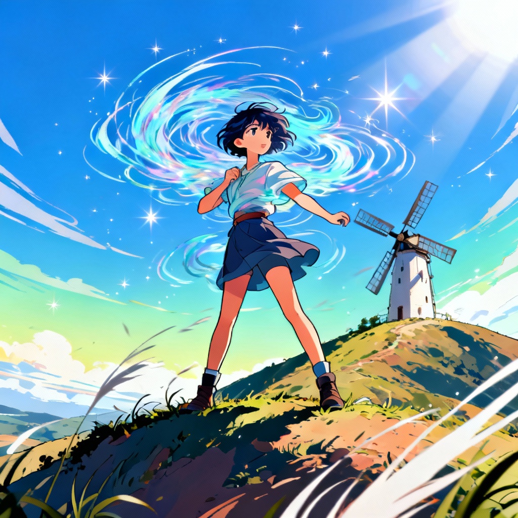 Anime wind spirit with a windmill and swirling gusts