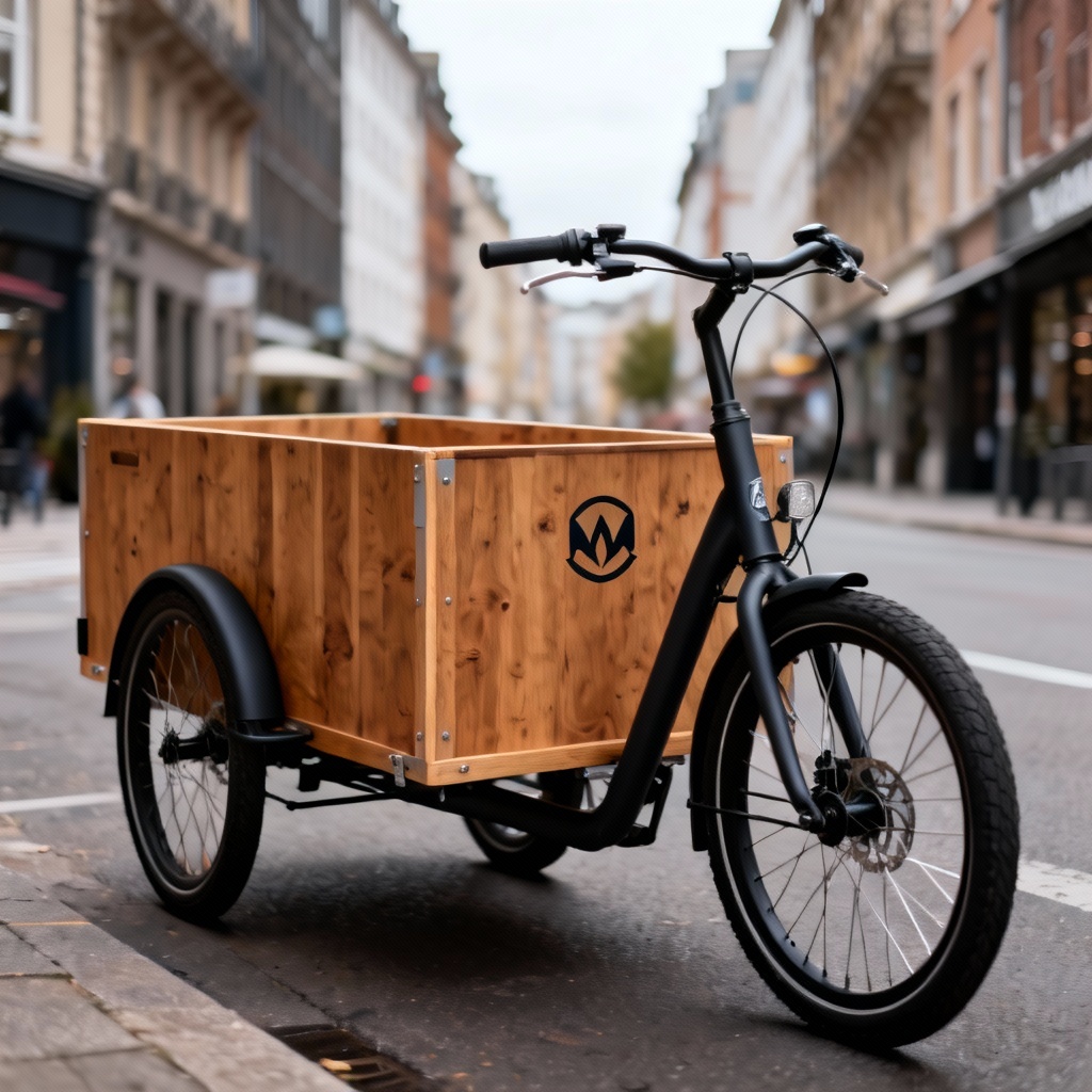 AI cargo bike branding mockup in city street