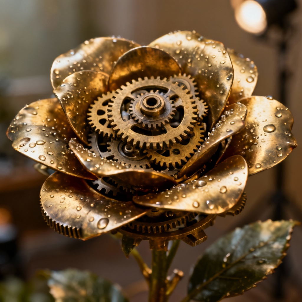 AI macro clockwork flower with brass gears and dew