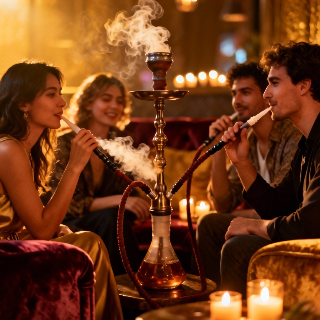 AI hookah lounge scene with soft drifting smoke