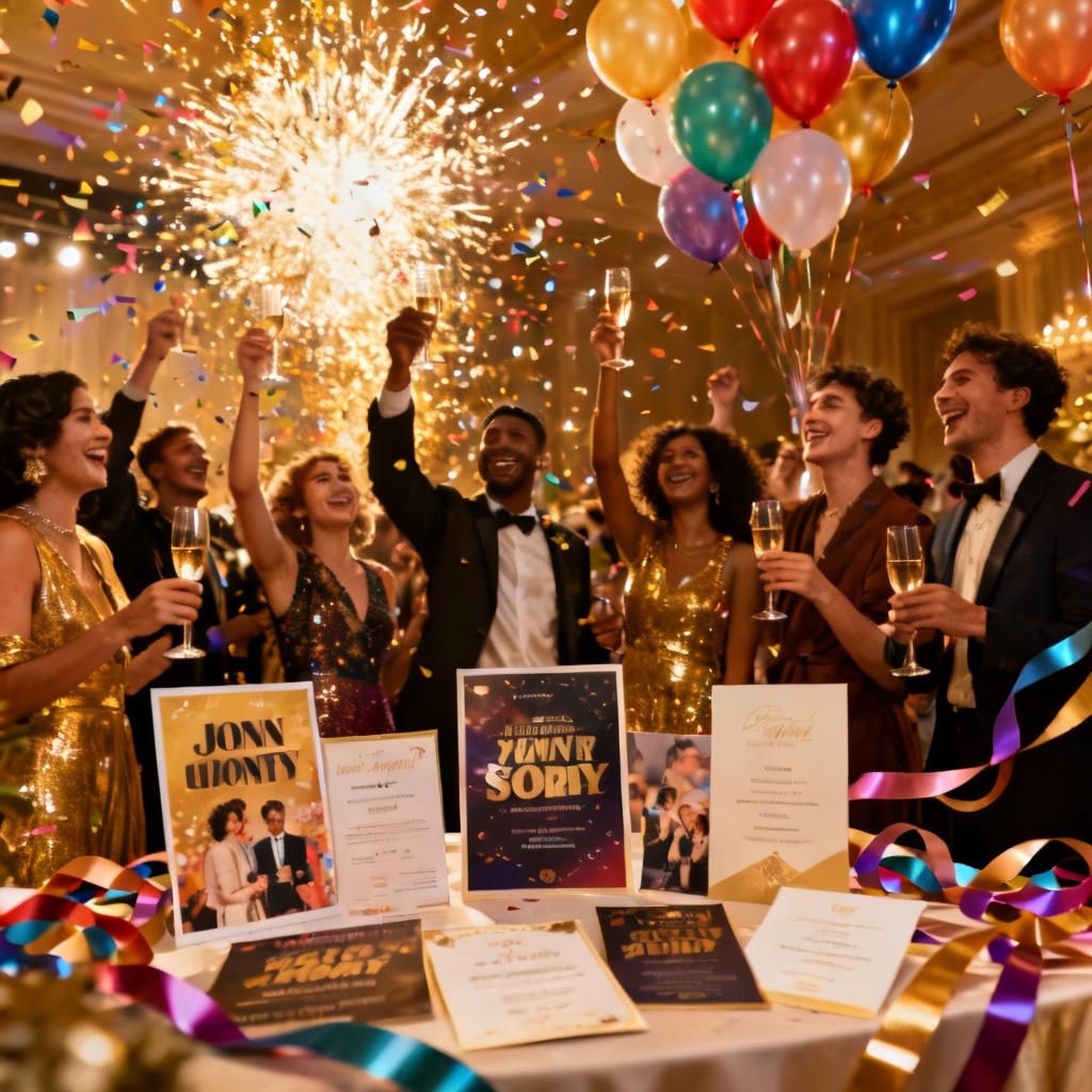 AI joyous event collage with balloons, confetti, and smiling guests