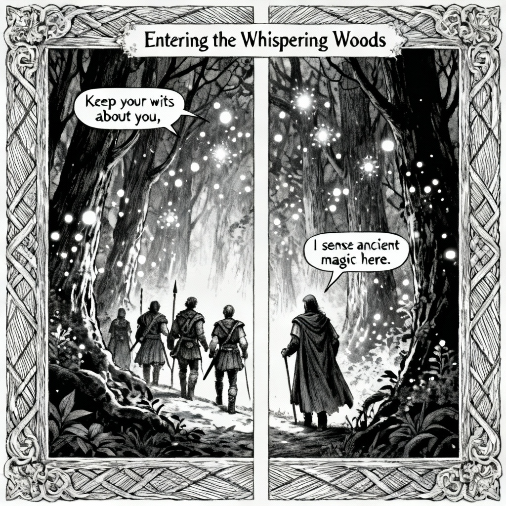 AI fantasy party comic spread in enchanted forest