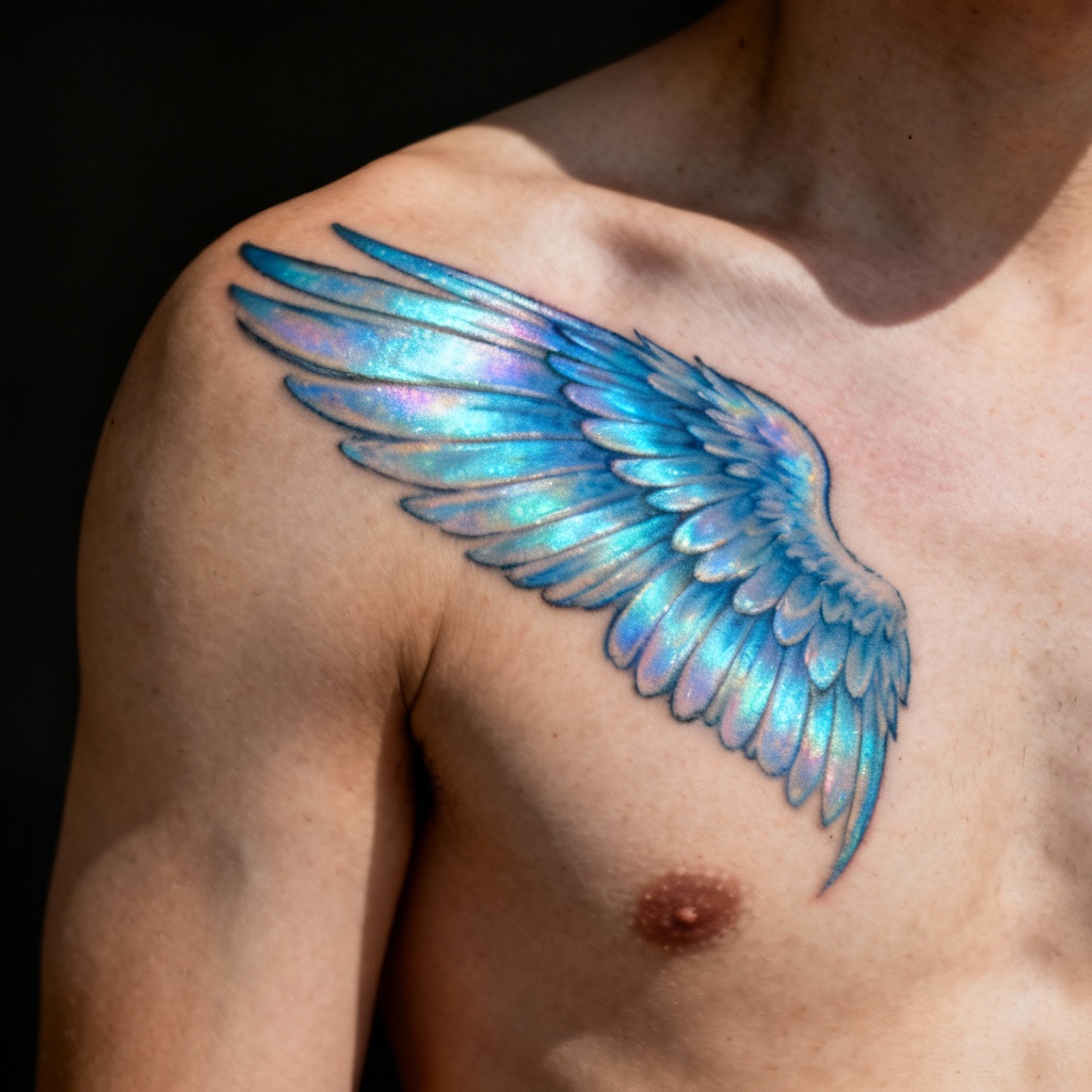 Realistic blue morpho butterfly shoulder tattoo