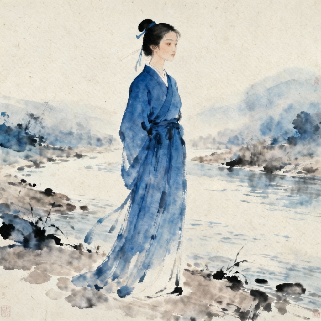 AI ink-wash painting of indigo hanfu figure