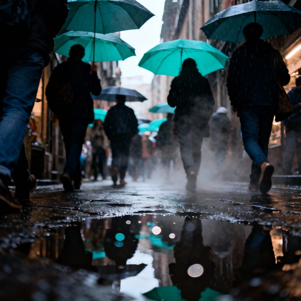AI rainy alley with umbrellas and reflections