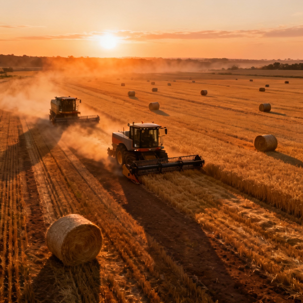 AI harvest scene with combine and hay bales at sunset