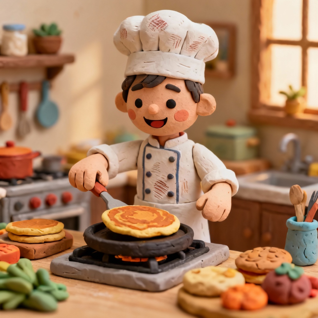 AI clay chef in a miniature kitchen