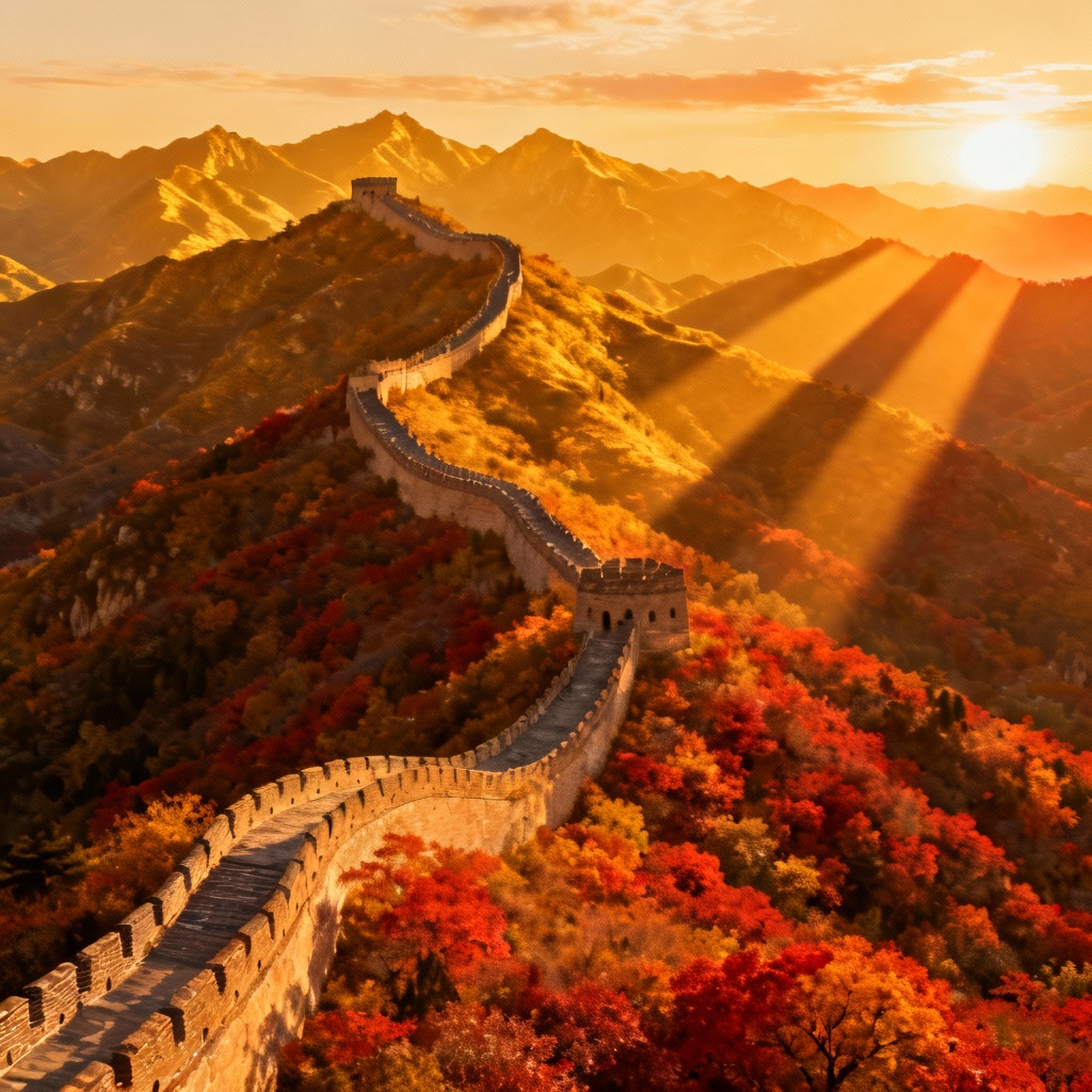 AI aerial of the Great Wall at sunset over golden hills