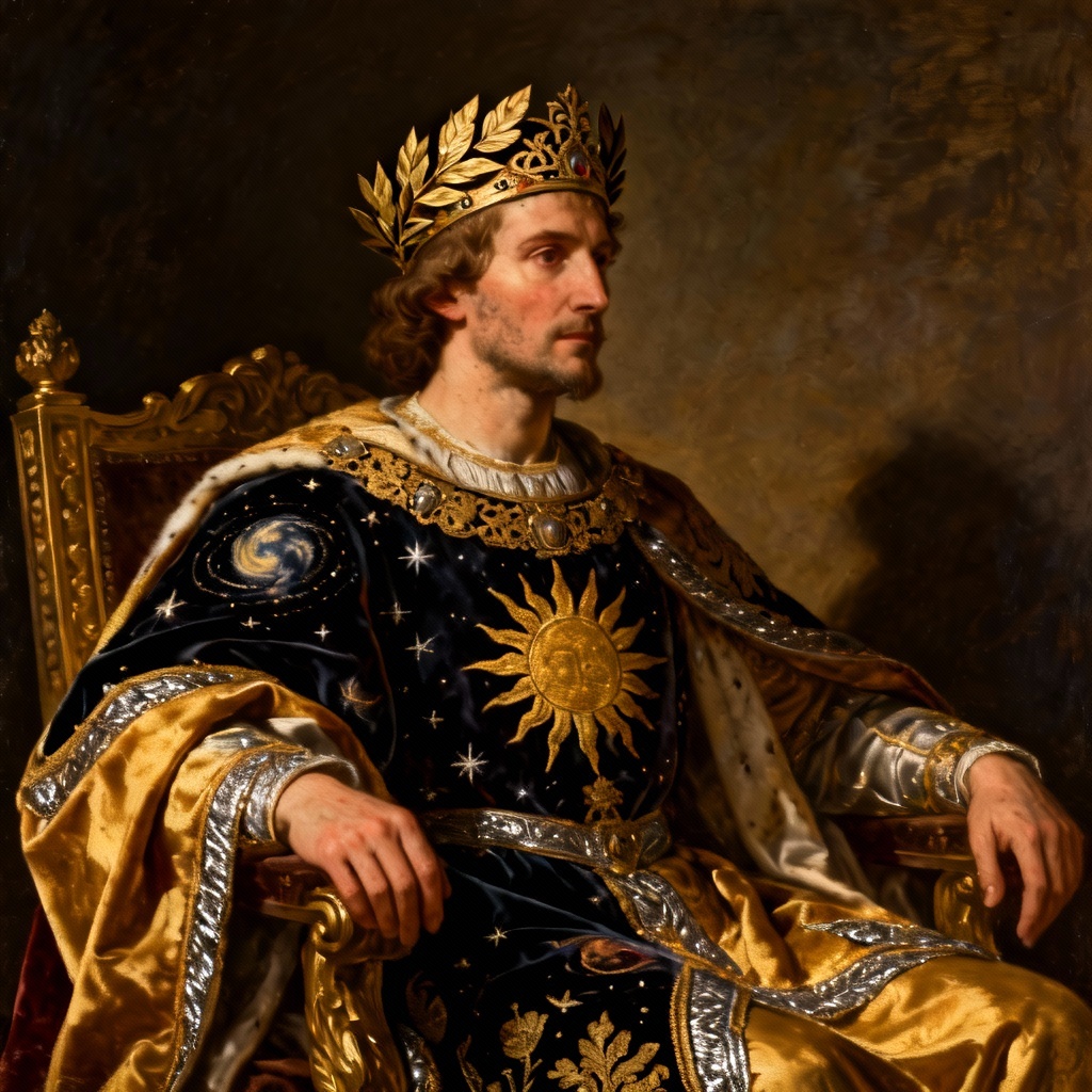AI emperor portrait with laurel crown and sun mantle