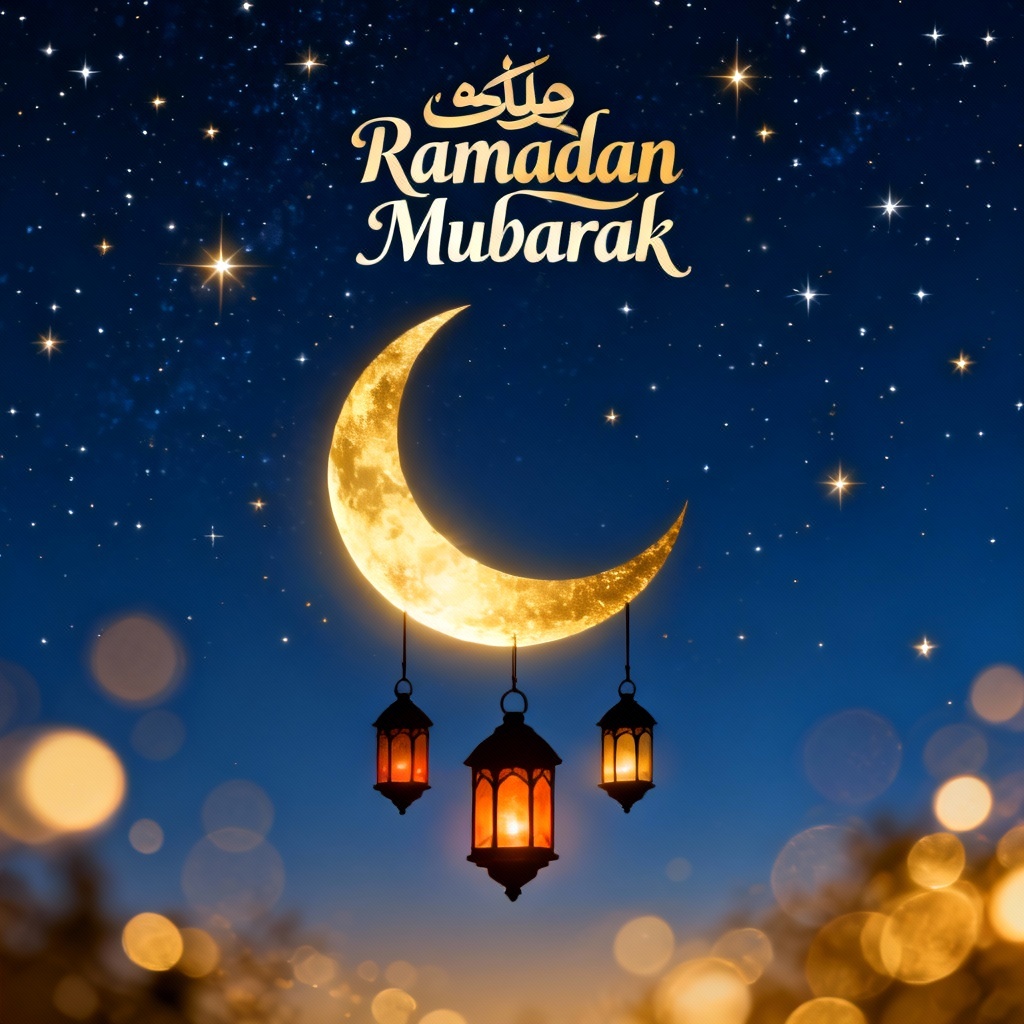 Midnight sky Ramadan card with starfield and luminous crescent