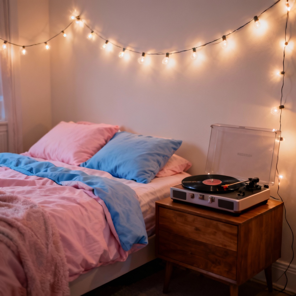 AI lofi bedroom scene with ambient lights